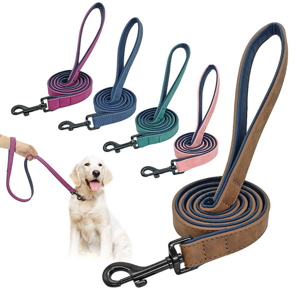 4ft Leather Dog Leash - Double Layer Padded for Medium to Large Dogs